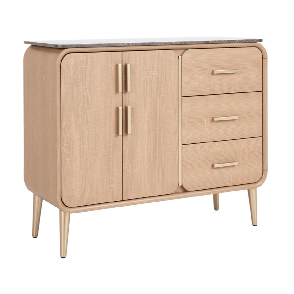 Buffet en bois clair avec portes et tiroirs, design moderne