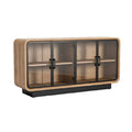 Buffet en bois avec portes en verre et structure noire