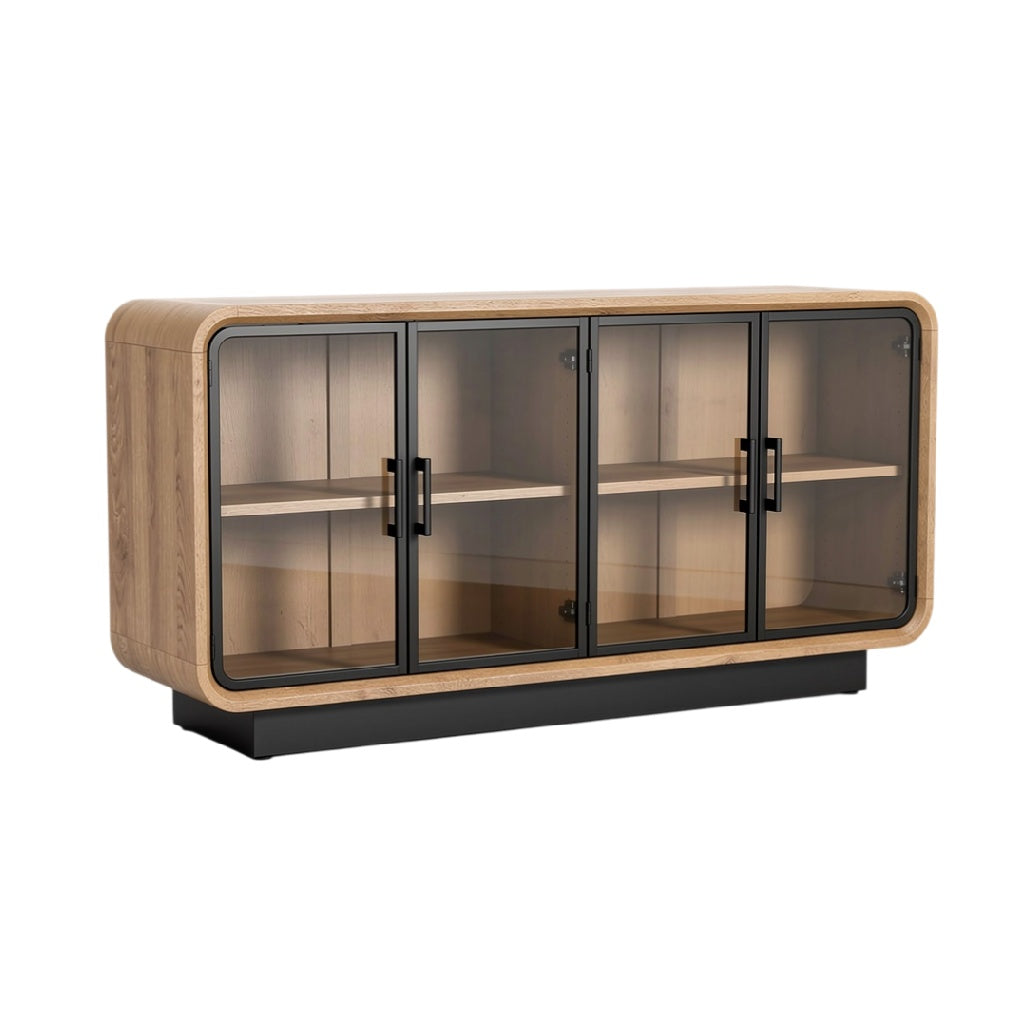Buffet en bois avec portes en verre et structure noire